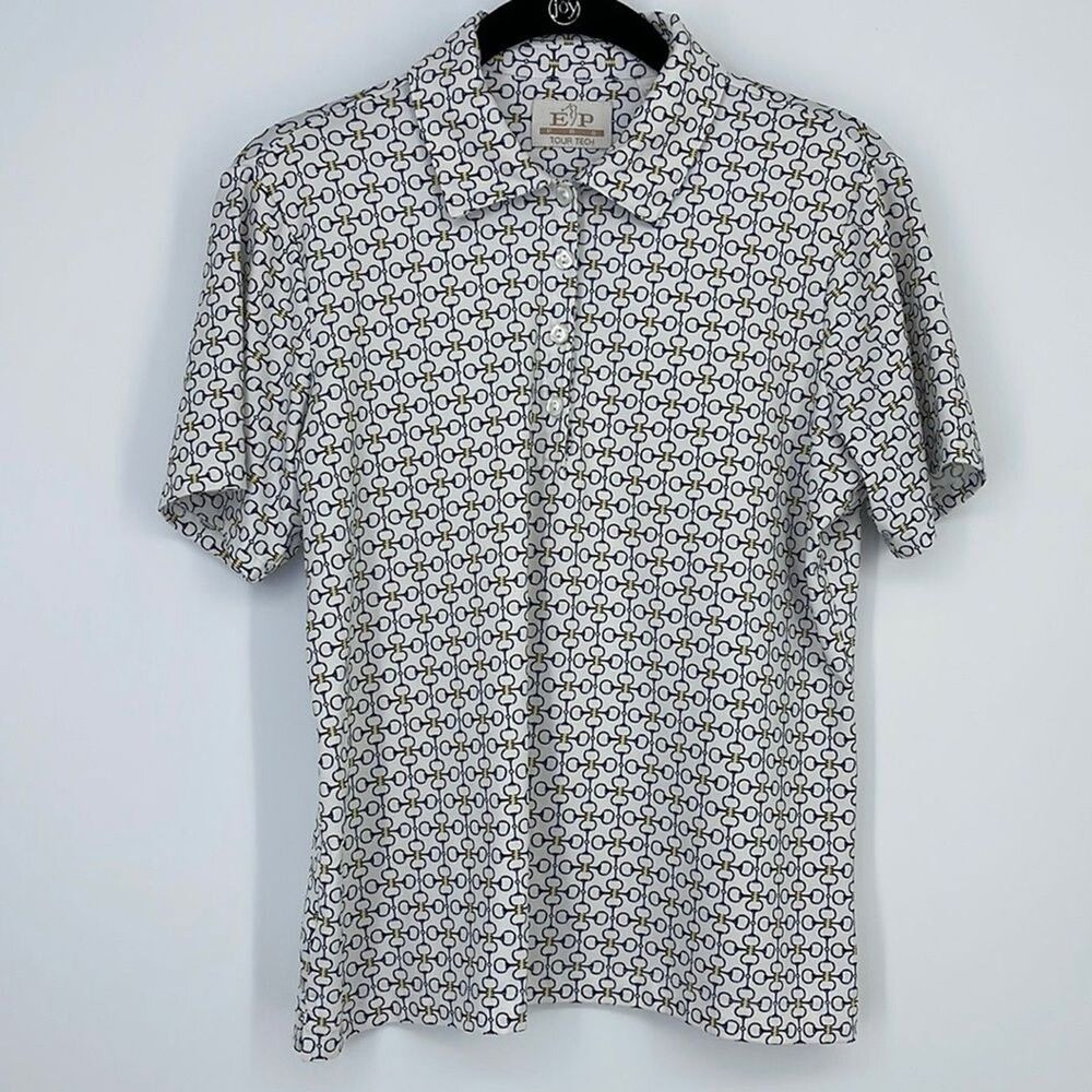 EP Pro Tour Tech Golf Polo Shirt M White Horse Bit Print Stretch Women